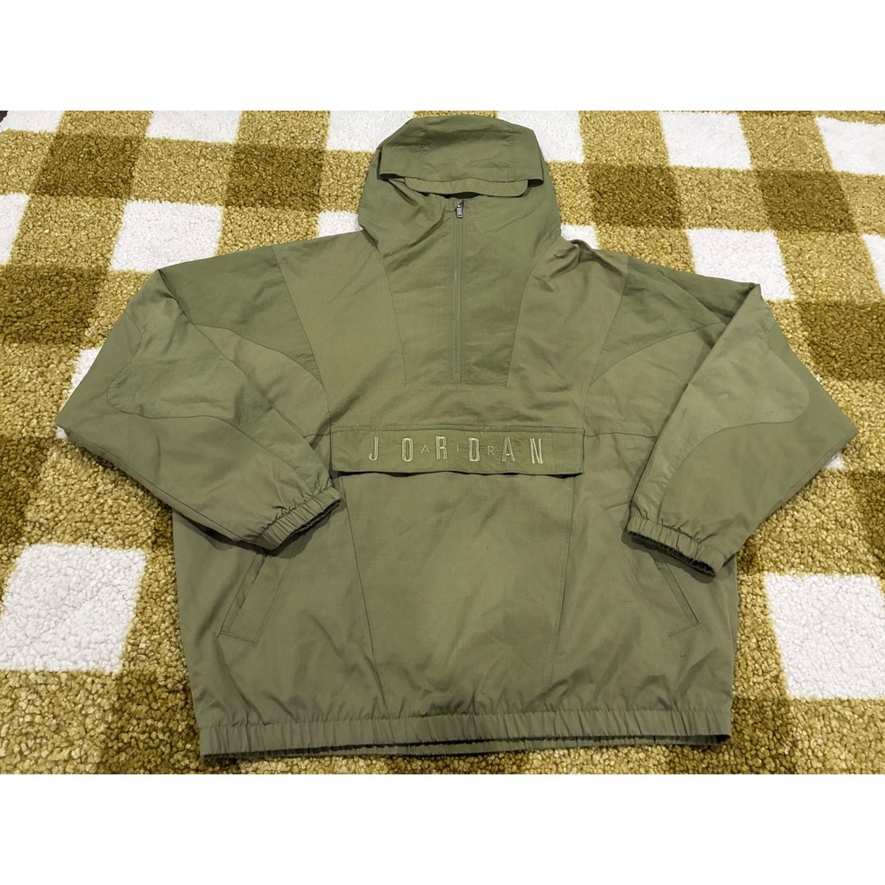 Jordan‎ Mens Olive Green Half Zip Hooded Windbreaker Pullover Jacket Large
